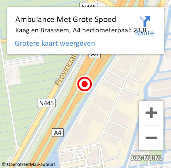 Locatie op kaart van de 112 melding: Ambulance Met Grote Spoed Naar Kaag en Braassem, A4 hectometerpaal: 23,8 op 26 november 2021 17:45