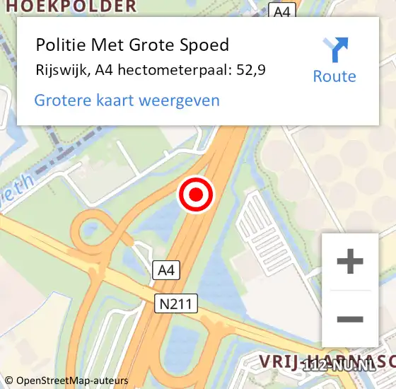 Locatie op kaart van de 112 melding: Politie Met Grote Spoed Naar Rijswijk, A4 hectometerpaal: 52,9 op 26 november 2021 18:20
