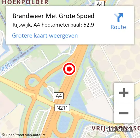 Locatie op kaart van de 112 melding: Brandweer Met Grote Spoed Naar Rijswijk, A4 hectometerpaal: 52,9 op 26 november 2021 18:21