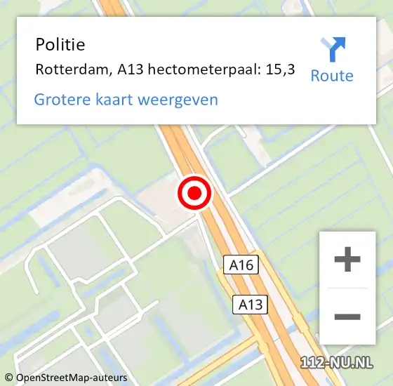 Locatie op kaart van de 112 melding: Politie Rotterdam, A13 hectometerpaal: 15,3 op 26 november 2021 19:16