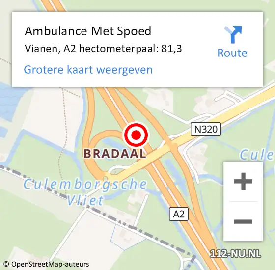 Locatie op kaart van de 112 melding: Ambulance Met Spoed Naar Vianen, A2 hectometerpaal: 81,3 op 26 november 2021 19:32