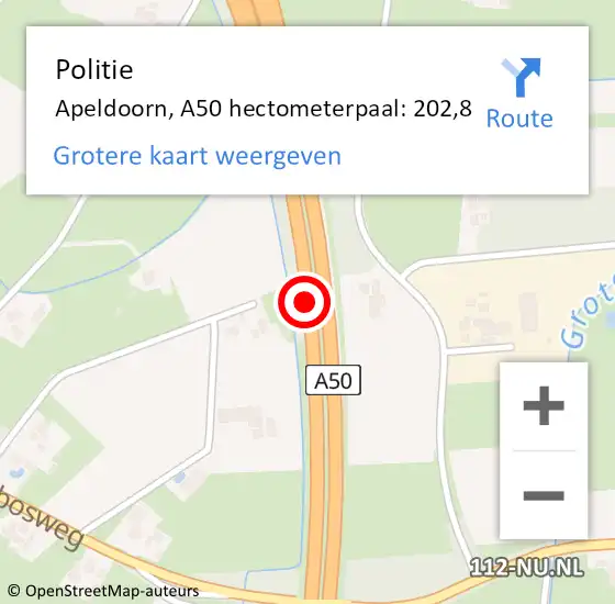 Locatie op kaart van de 112 melding: Politie Apeldoorn, A50 hectometerpaal: 202,8 op 26 november 2021 19:34