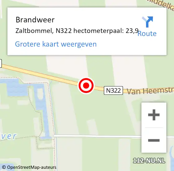 Locatie op kaart van de 112 melding: Brandweer Zaltbommel, N322 hectometerpaal: 23,9 op 26 november 2021 19:42