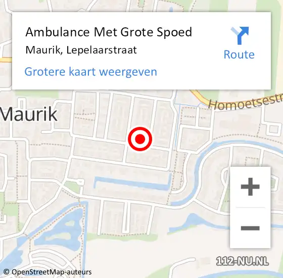 Locatie op kaart van de 112 melding: Ambulance Met Grote Spoed Naar Maurik, Lepelaarstraat op 26 november 2021 20:43