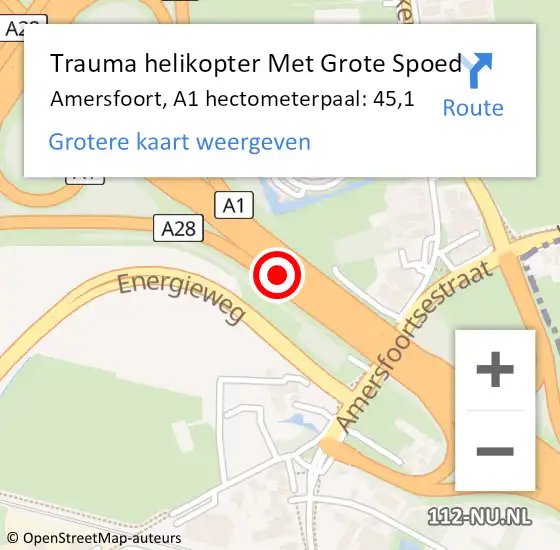 Locatie op kaart van de 112 melding: Trauma helikopter Met Grote Spoed Naar Amersfoort, A1 hectometerpaal: 45,1 op 26 november 2021 21:27