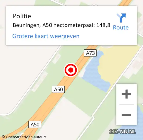 Locatie op kaart van de 112 melding: Politie Beuningen, A50 hectometerpaal: 148,8 op 26 november 2021 22:14