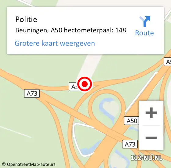 Locatie op kaart van de 112 melding: Politie Beuningen, A50 hectometerpaal: 148 op 26 november 2021 22:53