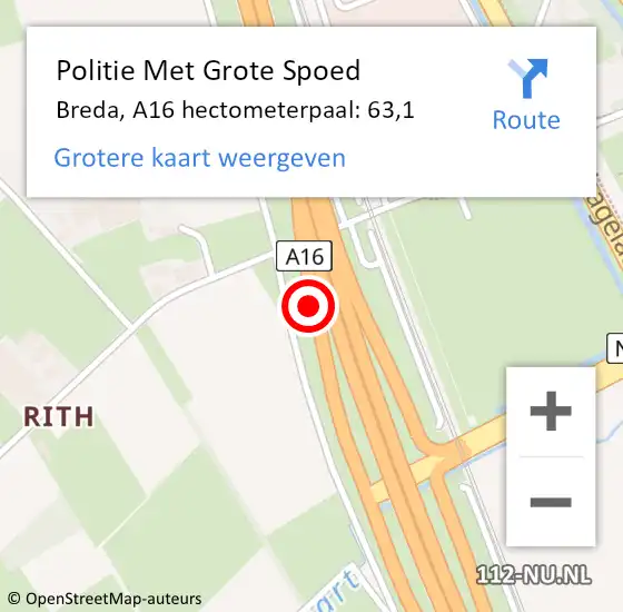 Locatie op kaart van de 112 melding: Politie Met Grote Spoed Naar Breda, A16 hectometerpaal: 63,1 op 27 november 2021 05:20