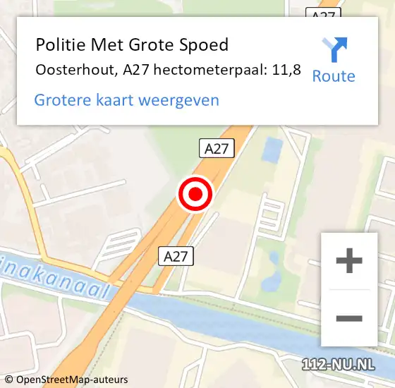 Locatie op kaart van de 112 melding: Politie Met Grote Spoed Naar Oosterhout, A27 hectometerpaal: 11,8 op 27 november 2021 08:14