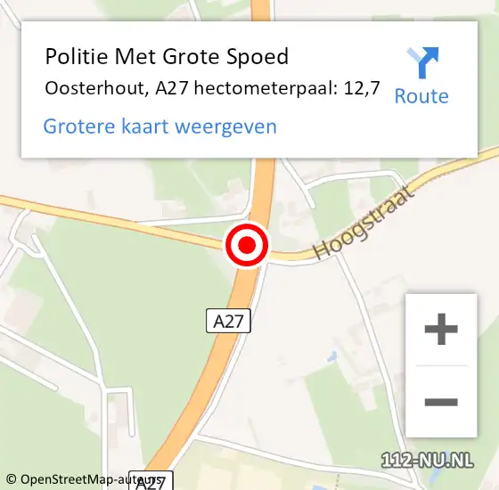 Locatie op kaart van de 112 melding: Politie Met Grote Spoed Naar Oosterhout, A27 hectometerpaal: 12,7 op 27 november 2021 08:16