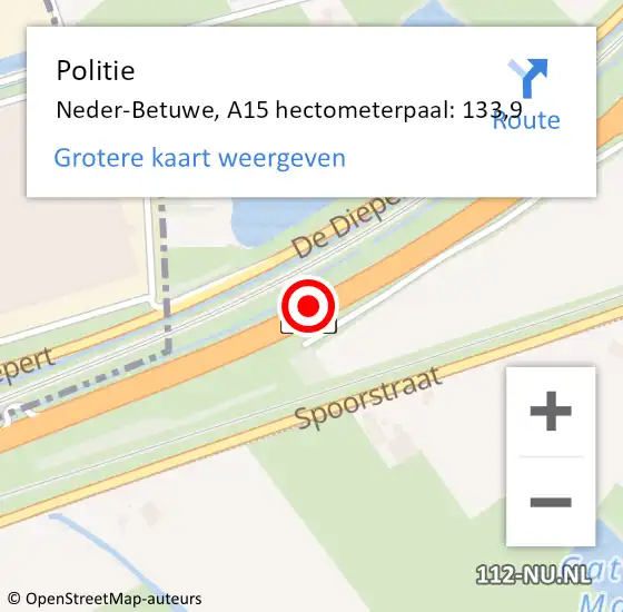 Locatie op kaart van de 112 melding: Politie Neder-Betuwe, A15 hectometerpaal: 133,9 op 27 november 2021 10:41