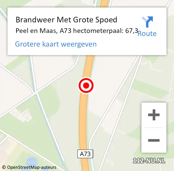 Locatie op kaart van de 112 melding: Brandweer Met Grote Spoed Naar Peel en Maas, A73 hectometerpaal: 67,3 op 27 november 2021 13:53