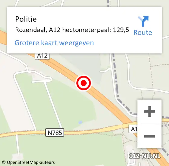 Locatie op kaart van de 112 melding: Politie Rozendaal, A12 hectometerpaal: 129,5 op 27 november 2021 15:01