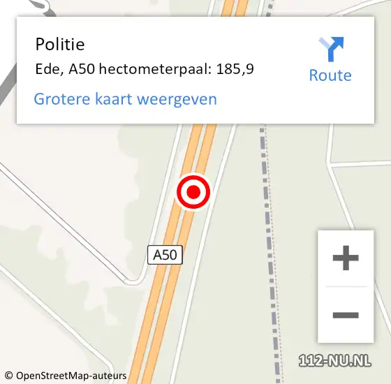 Locatie op kaart van de 112 melding: Politie Ede, A50 hectometerpaal: 185,9 op 27 november 2021 15:44