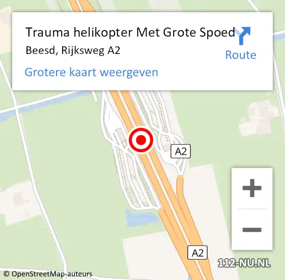 Locatie op kaart van de 112 melding: Trauma helikopter Met Grote Spoed Naar Beesd, Rijksweg A2 op 27 november 2021 16:06