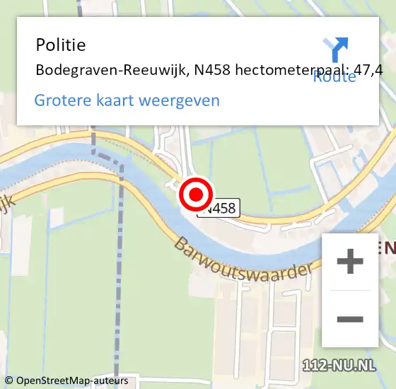 Locatie op kaart van de 112 melding: Politie Bodegraven-Reeuwijk, N458 hectometerpaal: 47,4 op 27 november 2021 23:48