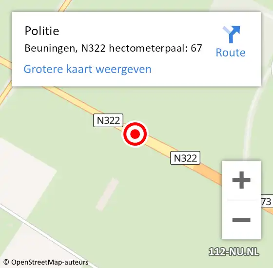 Locatie op kaart van de 112 melding: Politie Beuningen, N322 hectometerpaal: 67 op 28 november 2021 00:05