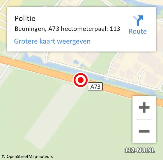 Locatie op kaart van de 112 melding: Politie Beuningen, A73 hectometerpaal: 113 op 28 november 2021 04:35
