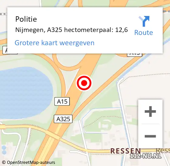 Locatie op kaart van de 112 melding: Politie Nijmegen, A325 hectometerpaal: 12,6 op 28 november 2021 11:01