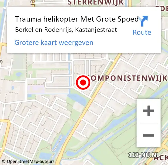 Locatie op kaart van de 112 melding: Trauma helikopter Met Grote Spoed Naar Berkel en Rodenrijs, Kastanjestraat op 28 november 2021 12:16