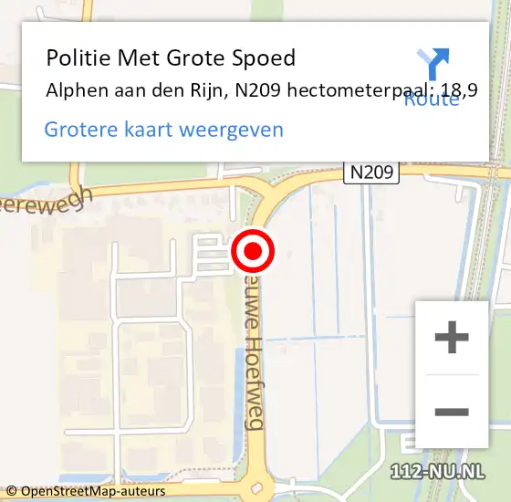 Locatie op kaart van de 112 melding: Politie Met Grote Spoed Naar Alphen aan den Rijn, N209 hectometerpaal: 18,9 op 28 november 2021 12:18