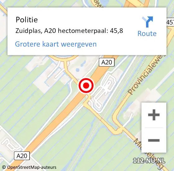 Locatie op kaart van de 112 melding: Politie Zuidplas, A20 hectometerpaal: 45,8 op 28 november 2021 16:12