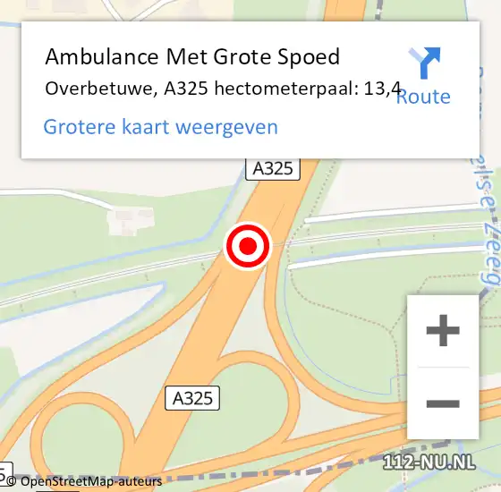 Locatie op kaart van de 112 melding: Ambulance Met Grote Spoed Naar Overbetuwe, A325 hectometerpaal: 13,4 op 28 november 2021 16:48