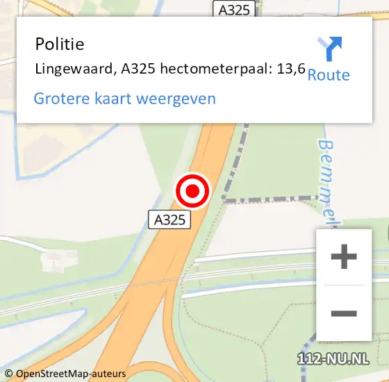 Locatie op kaart van de 112 melding: Politie Overbetuwe, A325 hectometerpaal: 13,6 op 28 november 2021 16:51