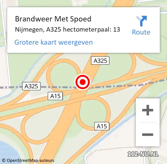 Locatie op kaart van de 112 melding: Brandweer Met Spoed Naar Nijmegen, A325 hectometerpaal: 13 op 28 november 2021 17:04