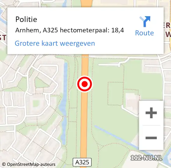 Locatie op kaart van de 112 melding: Politie Arnhem, A325 hectometerpaal: 18,4 op 28 november 2021 17:46