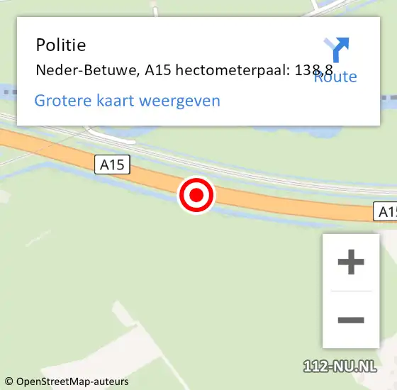 Locatie op kaart van de 112 melding: Politie Neder-Betuwe, A15 hectometerpaal: 138,8 op 28 november 2021 18:46