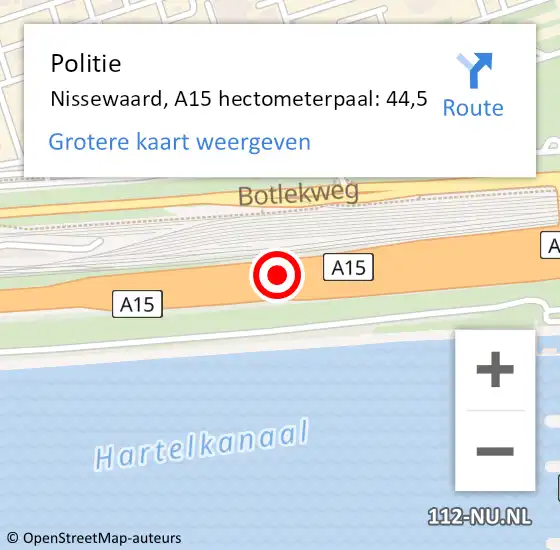 Locatie op kaart van de 112 melding: Politie Bernisse, A15 hectometerpaal: 44,5 op 28 november 2021 21:23