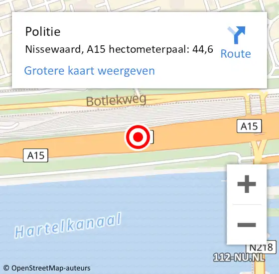 Locatie op kaart van de 112 melding: Politie Bernisse, A15 hectometerpaal: 44,6 op 28 november 2021 21:25