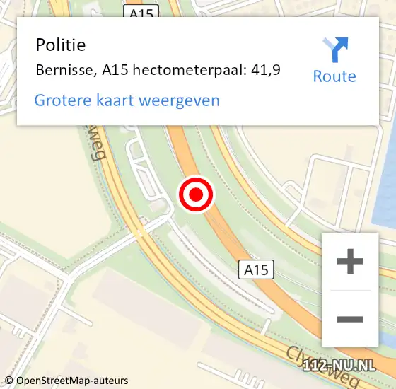 Locatie op kaart van de 112 melding: Politie Bernisse, A15 hectometerpaal: 41,9 op 28 november 2021 21:27