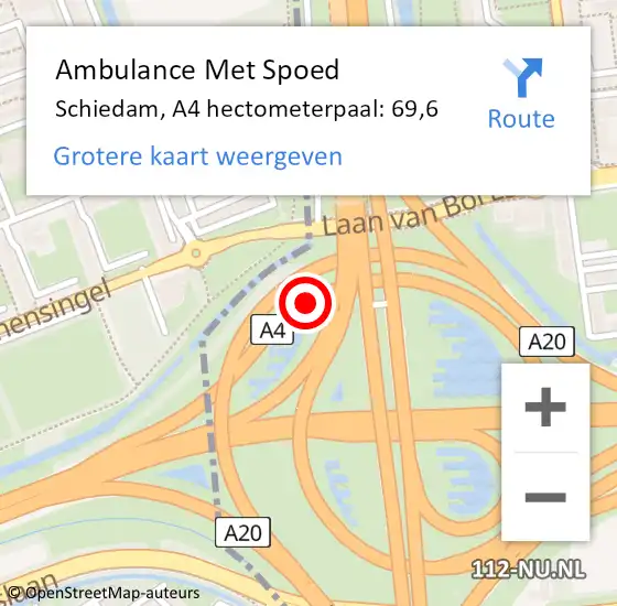 Locatie op kaart van de 112 melding: Ambulance Met Spoed Naar Schiedam, A4 hectometerpaal: 69,6 op 28 november 2021 21:46