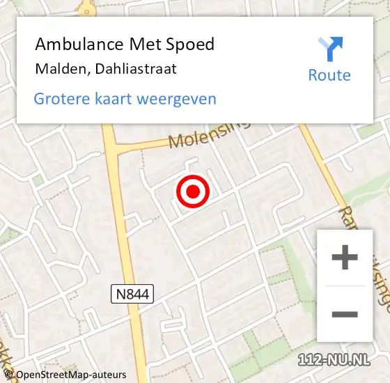 Locatie op kaart van de 112 melding: Ambulance Met Spoed Naar Malden, Dahliastraat op 28 november 2021 22:55