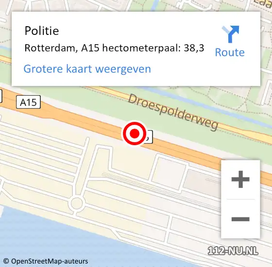 Locatie op kaart van de 112 melding: Politie Rotterdam, A15 hectometerpaal: 38,3 op 29 november 2021 03:13