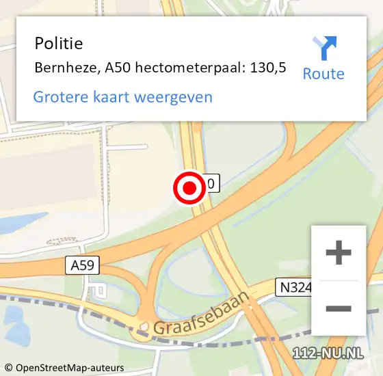 Locatie op kaart van de 112 melding: Politie Bernheze, A50 hectometerpaal: 130,5 op 29 november 2021 07:07