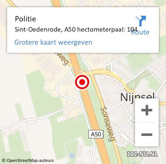 Locatie op kaart van de 112 melding: Politie Sint-Oedenrode, A50 hectometerpaal: 104 op 29 november 2021 07:12