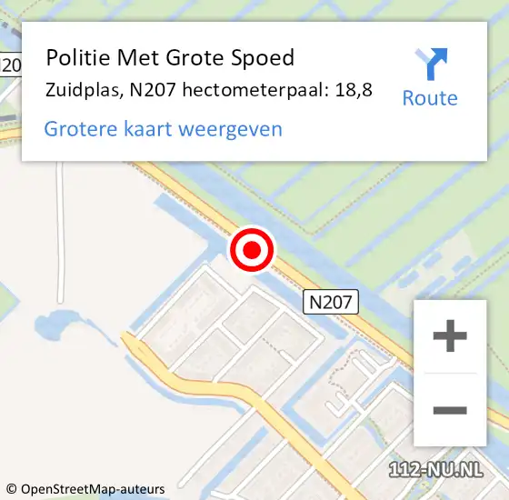 Locatie op kaart van de 112 melding: Politie Met Grote Spoed Naar Zuidplas, N207 hectometerpaal: 18,8 op 29 november 2021 07:14