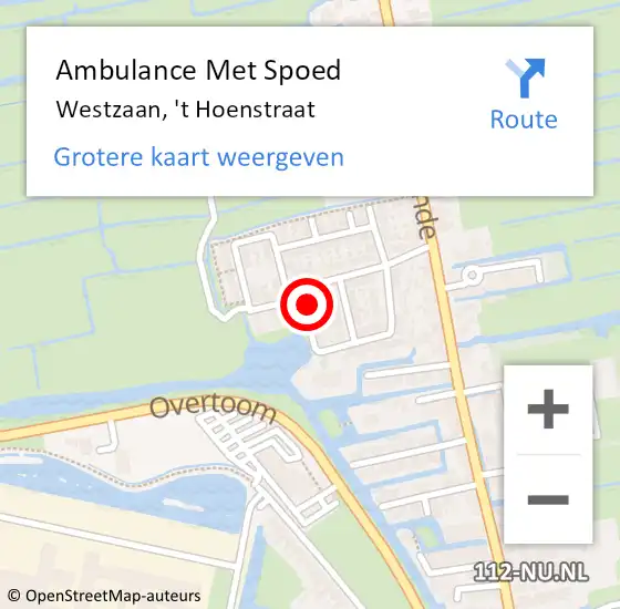 Locatie op kaart van de 112 melding: Ambulance Met Spoed Naar Westzaan, 't Hoenstraat op 29 november 2021 09:26