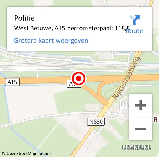 Locatie op kaart van de 112 melding: Politie Geldermalsen, A15 hectometerpaal: 118,8 op 29 november 2021 09:56