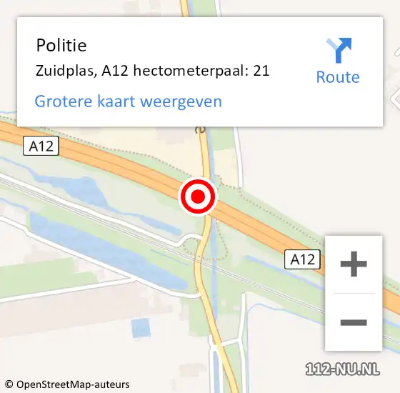 Locatie op kaart van de 112 melding: Politie Zuidplas, A12 hectometerpaal: 21 op 29 november 2021 13:09