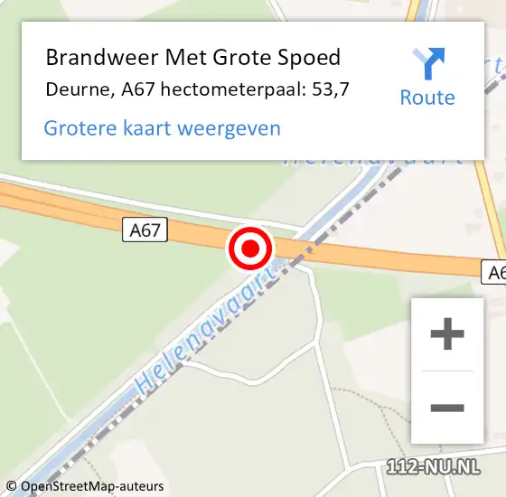 Locatie op kaart van de 112 melding: Brandweer Met Grote Spoed Naar Deurne, A67 hectometerpaal: 53,7 op 29 november 2021 16:12