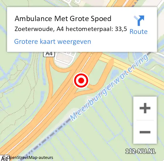 Locatie op kaart van de 112 melding: Ambulance Met Grote Spoed Naar Zoeterwoude, A4 hectometerpaal: 33,5 op 29 november 2021 17:01