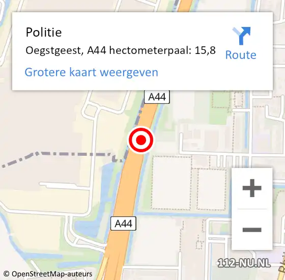 Locatie op kaart van de 112 melding: Politie Oegstgeest, A44 hectometerpaal: 15,8 op 29 november 2021 17:30