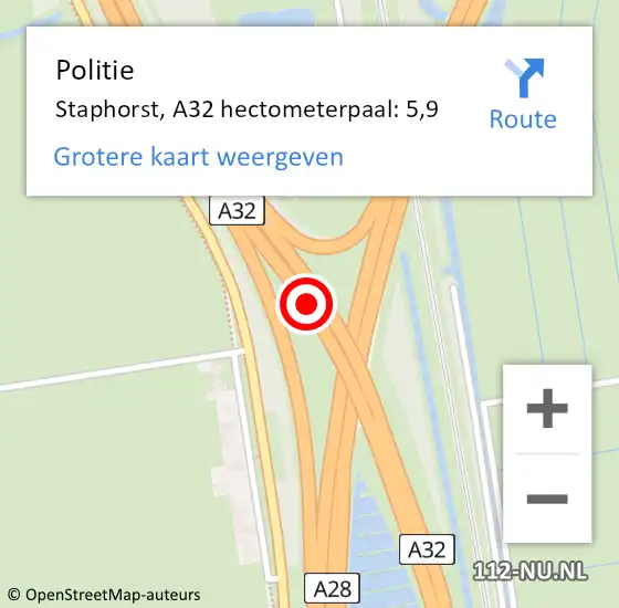 Locatie op kaart van de 112 melding: Politie Staphorst, A32 hectometerpaal: 5,9 op 29 november 2021 17:53