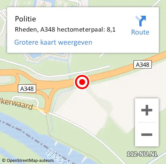 Locatie op kaart van de 112 melding: Politie Rheden, A348 hectometerpaal: 8,1 op 29 november 2021 21:49