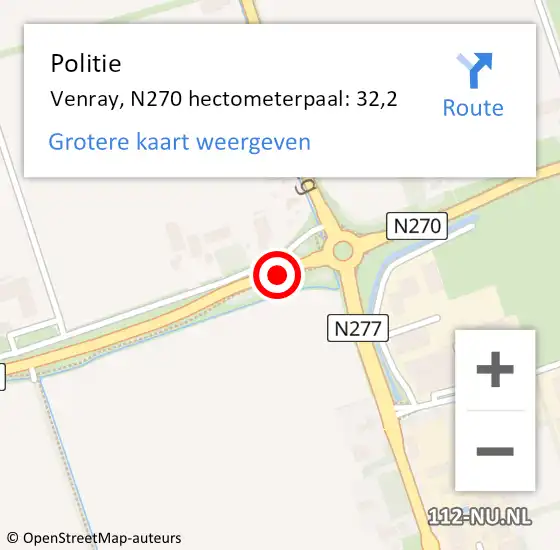 Locatie op kaart van de 112 melding: Politie Venray, N270 hectometerpaal: 32,2 op 29 november 2021 23:46