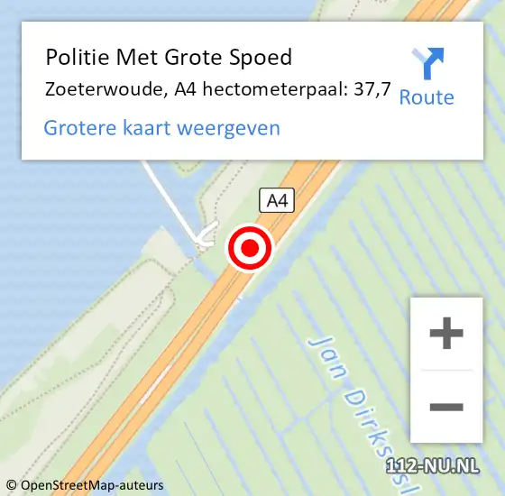 Locatie op kaart van de 112 melding: Politie Met Grote Spoed Naar Zoeterwoude, A4 hectometerpaal: 37,7 op 30 november 2021 06:21